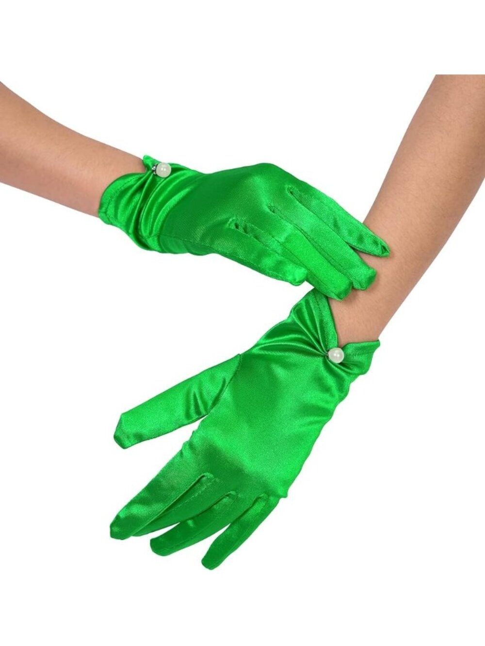 Women's Green Pearl Accent Wrist Length Halloween Party Stretchy Lace Gloves